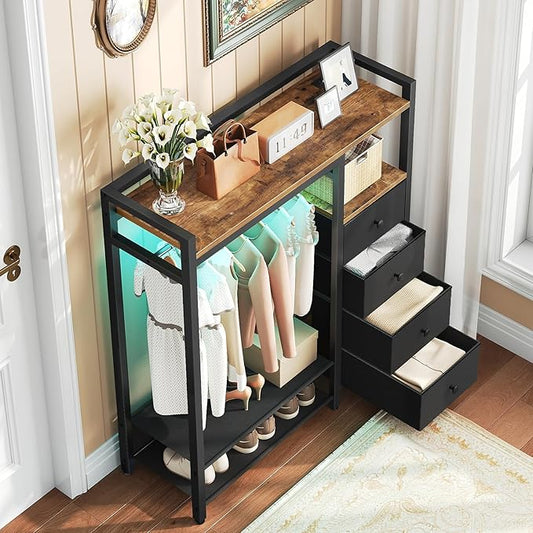 Bedroom Dresser with Clothes Rack, 4 Drawer Dresser with Charging Station and LED Light, Chest of Drawers for Bedroom, Closet Organizer with Hanging Rack and 2-Tier Shoe Rack, Rustic Brown