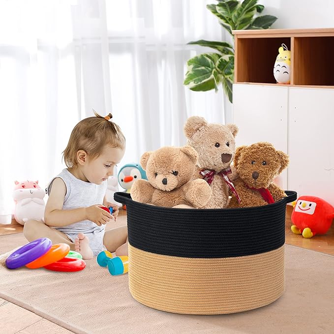 Extra Large Storage Basket, 22" X 14" Blanket Storage for Living Room, Decorative Kids Dog Toy Bin Box, Big Woven Cotton Rope Baskets for Organizing, Farmhouse Blanket Pillow Holder Organizer