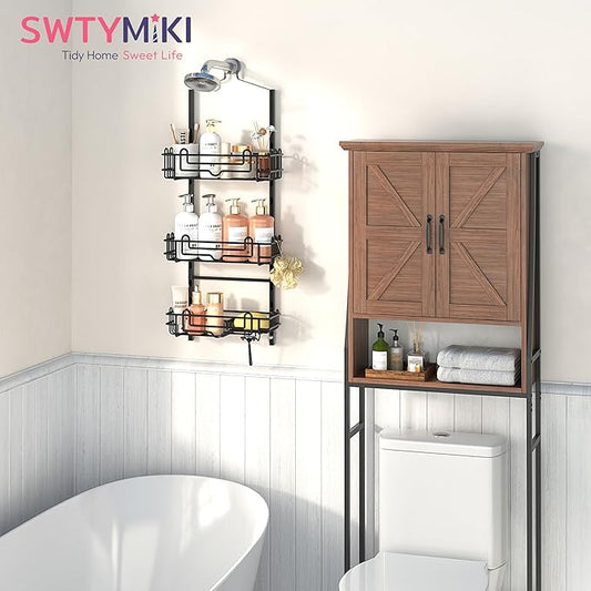 SWTYMIKI Shower Caddy Hanging Organizer - 3-Tier Rustproof Shower Organizer Over Showerhead with Adjustable Baskets, 24 Hooks, Soap & Razor Holder - No Drill Large Bathroom Storage Rack, Black