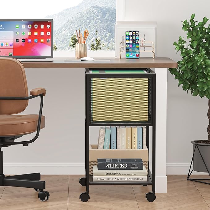 Rolling File Cart, Mobile File Cabinet with Wheels Hanging Files, Metal Hanging File Folder Cart File Organizer Fit Letter Size for Home Office, Black