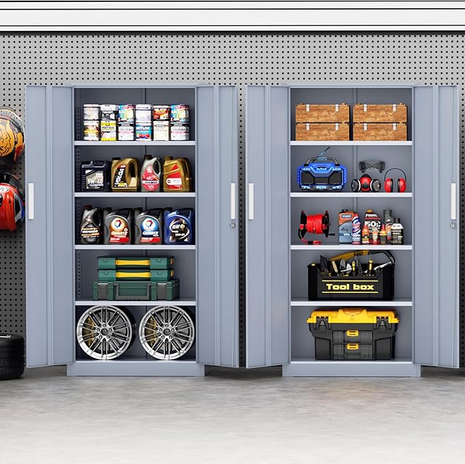 72” Metal Storage Cabinet, Lockable File Cabinets with 2 Doors and 4 Adjustable Shelves, Steel Tool Cabinets with Lock for Office, Home, Gym, Cement Grey-Small