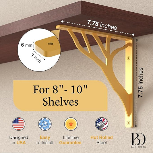 Rustic Tree Brass Heavy Duty Shelf Brackets 8 inch by Balin Designs, Gold Decorative L Brackets, Iron Metal Floating Shelf Bracket, Wall Mount Shelving Bracket, Included Hardware, Set of 4