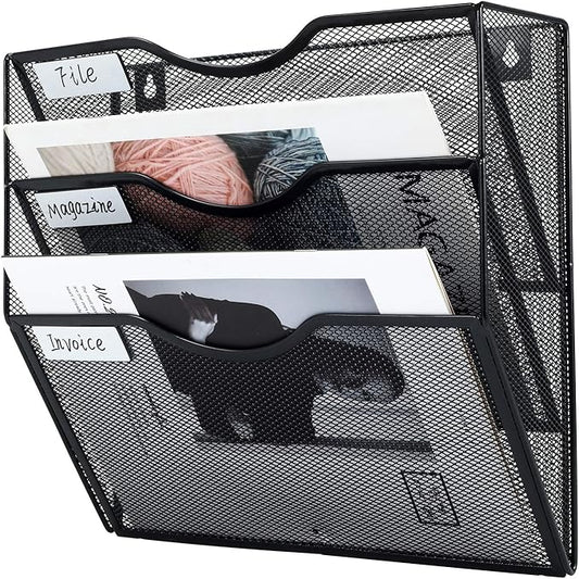 PAG Hanging Wall File Holder Mail Organizer Wall Mount Document Letter Rack, 3-Tier, Black
