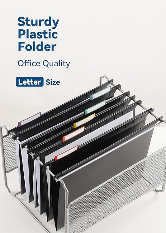 Plastic Hanging File Folders, Sturdy & Tear-Resistant, Letter Size, 12 Pack with Insertable 1/5-Cut Tabs, Black