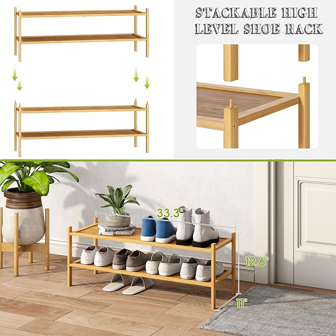 BMOSU 2-Tier Bamboo Extended Shoe Rack Premium Stackable Shoe Shelf Storage Organizer for Hallway Closet Living Room Entryway Organizer(Natural)