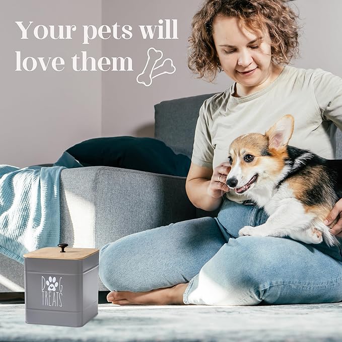 PERFNIQUE Dog Treat Container, Airtight Dog Treat Jar Set of 2, Dog Cookie Jar for kitchen Counter, Pet Treat Container, Dog Treat Canister and Storage, 7.8x6.2 & 7.3x5.5(Grey)
