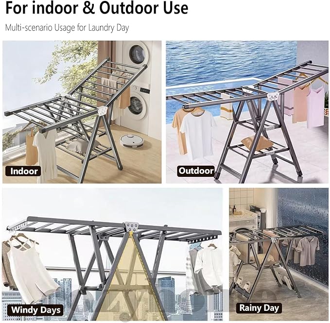 Heavy Duty Clothes Drying Rack Foldable - 71" Large Clothes Airer with Wheels, Extra-Thick Metal Laundry Dryer Stand, Free-Standing Design for Indoor & Outdoor Use