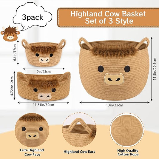 3Pack Highland Cute Cow Storage Baskets Set for Nursery- Small, Oval, Large Woven Gift Basket, Rope Cotton Bins with Handles, Baby Laundry 0rganizer Shower Towel Blanket Clothes (9/12/15In)