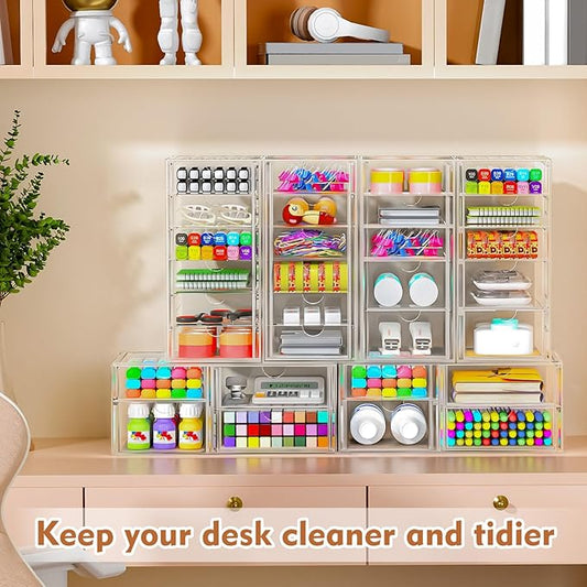 22 Drawers, Acrylic Desk Makeup Organizer, Plastic Drawers Organizer, Stackable Storage Solution for Makeup, Dresser, Office, Bathroom Clear Plastic Craft and Bead Storage Cabinet