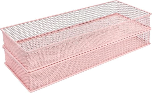 Annova Mesh Stackable Drawer Cabinet and Shelf Organizer Bins Storage Basket School Office Supply Holder Tray- Set of 2 (Light Pink, 6x15x2 Inch)