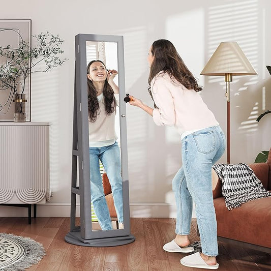 HOMCOM 360° Swivel Jewelry Cabinet, Lockable Jewelry Armoire Organizer with Full-Length Mirror, Back Storage Shelves, Interior Small Mirror, for Bedroom Living Room, Gray