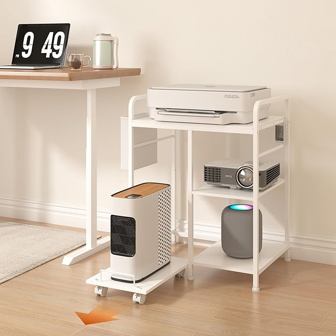 Home Printer Stand with Charging Station, 24x18 Inches Stands for Large Printer, Printer Shredder Stand with Storage for Home Office, Table for Fax Machine/PC Tower (White)