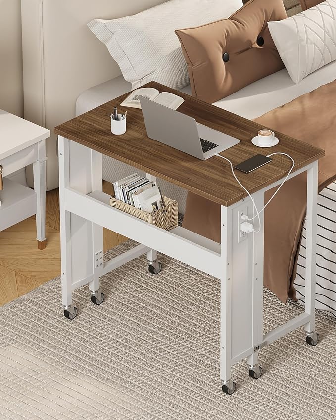31.5" Modern Folding Computer Desk with Power Outlets, Wheels, Storage, Perfect for Small Spaces Rustic Brown and White TDN01UWL