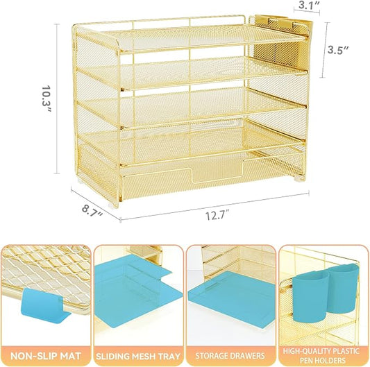 Desk Organizers and Accessories, 5-Tier Paper Letter Tray Organizer with Drawer & 2 Pen Holders, Desktop Organizer for Office Supplies (Gold)