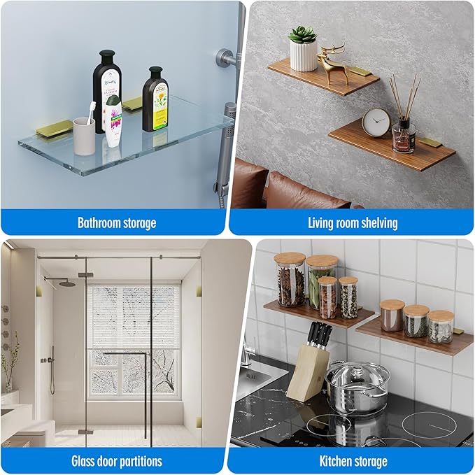 Ranbo 2 Pcs Frameless Glass Clamp Brackets for Shelf and Shower, Heavy Duty Wall Mount Rectangular Holders for 1/4" to 1/2" Panels, Matte Gold Finish Hardware
