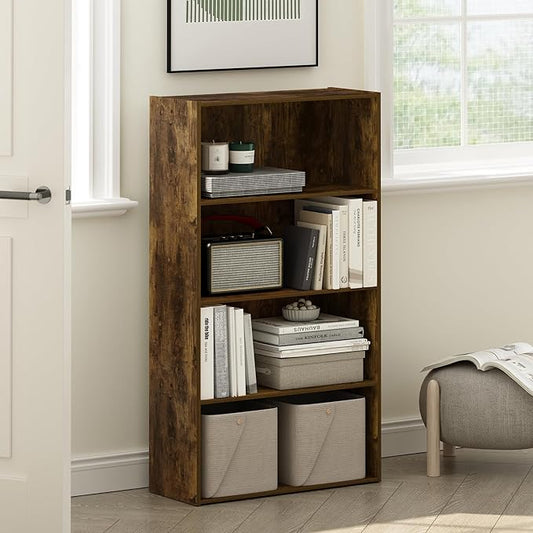 Furinno PASIR Book Shelf, 4-Tier Bookshelf, Bookcase with Open Shelf, 9.4 x 23.6 x 41.7, for Living Room, Bedroom, Home Office, Amber Pine