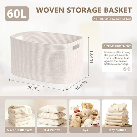 60L Small Baby Girls Laundry Basket for Nursery Storage,Cute Woven cotton Rope Baskets for Kids Toy,Gifts,Boho Square Wicker Blanket hamper for Living Room,Bedroom Dirty Clothes, White