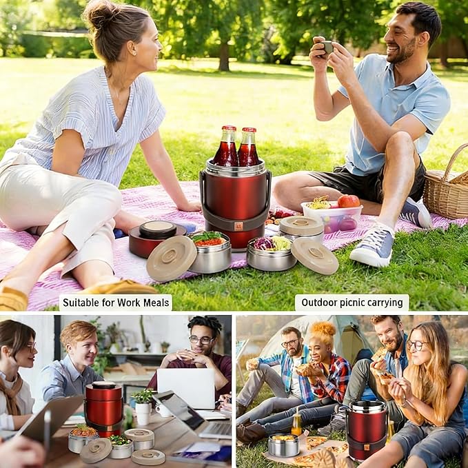 67oz Thermo for Hot Food,3-Layer Sealed Stackable Food Thermo,with Lunch Bag Soup Thermo,It Is Suitable for Daily Office Meals and Outdoor Meals (67 oz Red)