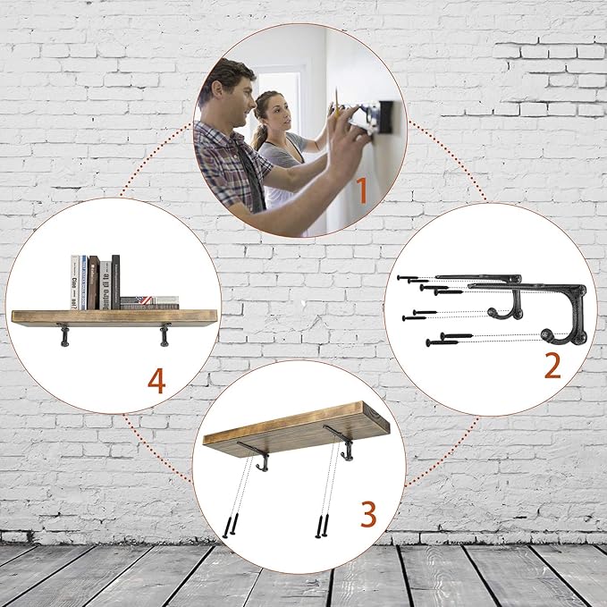 Rustic Floating Shelf Bracket 8 Inch, Cast Iron Shelf Brackets for Wall Shelving, Heavy Duty Shelf Bracket Supports, Decorative Shelves Brackets with Hooks, 4 Pack