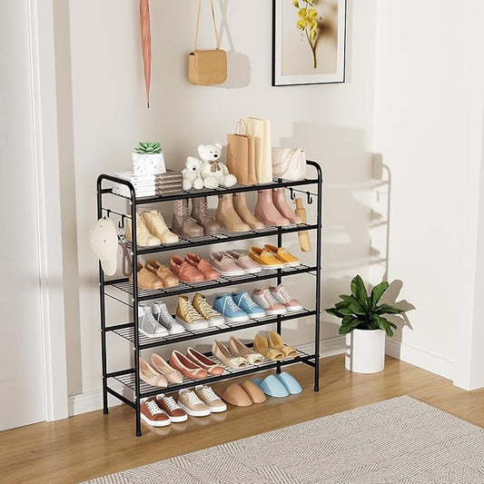 5 Tier Shoe Rack 33" Wide Metal Shoe Organizer Long Shoe Storage with 4 Side Hooks Sturdy Shoes Shelf for Closet, Front Door Entrance, Garage, Dorm, Black