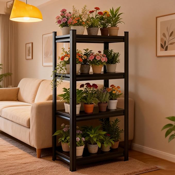Plant Stand Indoor Outdoor,Metal Adjustable,4-Tier Plant Shelf,Accommodates Multiple Pots,Plant Shelves Suitable for Living Rooms,Gardens,Balconies (Black, 54.3H x31.5Wx 15.7D)