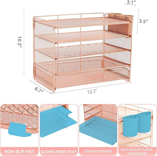 Desk Organizer and Accessories, 5-Tier Paper Letter Tray Organizer with Drawer & 2 Pen Holders for Desktop File Organization, Office Desk Accessories for Supplies Storage (Rose Gold)