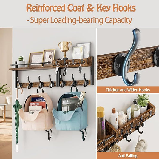 29 inch Coat Rack Wall Mount with Shelf, Set of 2 Entryway Wall Shelf with Hooks, Heavy Duty Coat Hanger Wall Mount with Key Holders and Mail Organizer for Living Room, Bedroom, Black & Brown