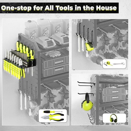 KAFAHOM Power Tool Organizer,Large 8 Drill Holder Wall Mount ,Heavy Duty Metal Tool Shelf with 12 Hooks,Storage Rack for Garage Organization,Utility Cordless Drill Holder and Battery Shelves