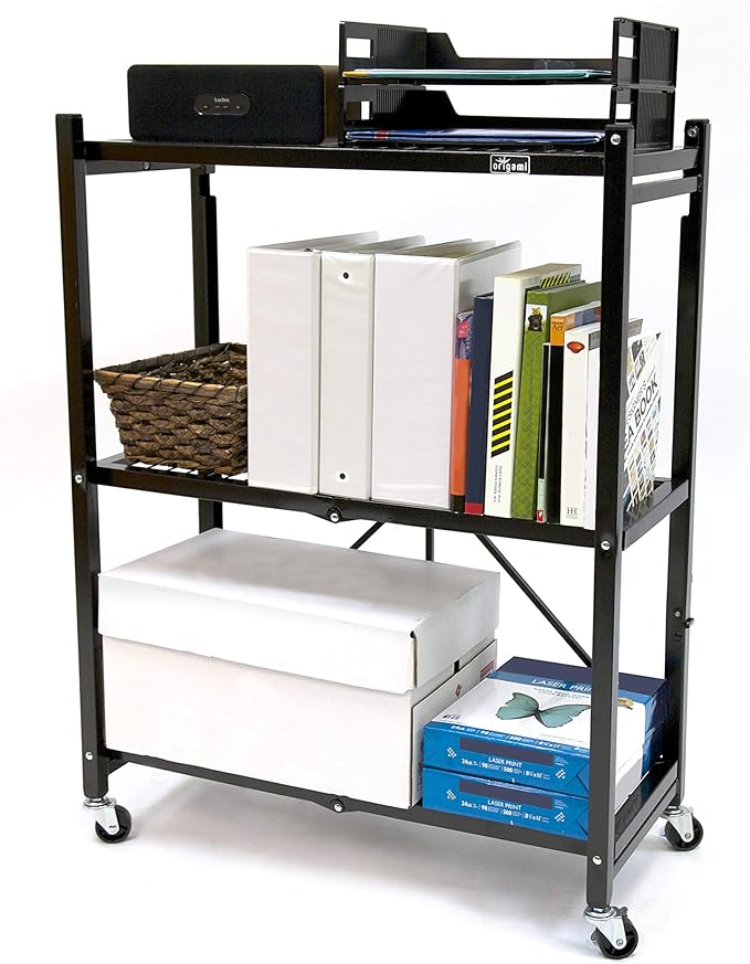 Origami 3-Shelf General Purpose Collapsible/Foldable Shelving Unit, Small Rack with Wheels | Organizer, Rolling Cart, Home Kitchen Laundry Closet Storage, Metal Wire, Pre-Assembled | Black