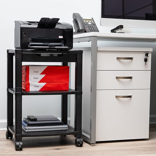 Mind Reader Rolling Printer Cart, Utility Cart, Printer Stand, Desk Storage, Office, 17.25"L x 13.5"W x 24.5"H, 3-Tier, Black