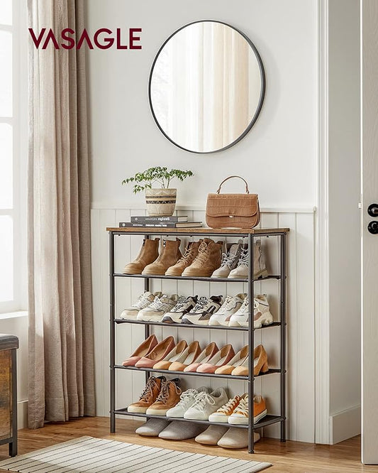 VASAGLE Shoe Rack, 5-Tier Shoe Storage Organizer for Entryway and Closet, Holds 12-16 Pairs of Shoes, 4 Fabric Shelves, Steel Frame, Industrial, Rustic Brown and Black ULBS036B01