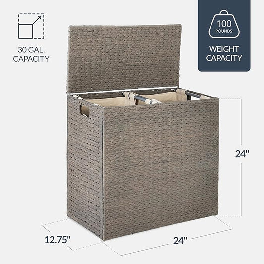 Best Choice Products Large Double Laundry Hamper with Lid, Natural Handwoven Water Hyacinth, 2 Sections w/ 2 Machine Washable Linen Liner Bags, Portable, Handles - Gray