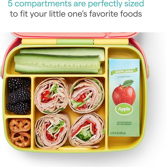 Munchkin Lunch Bento Box for Kids and Toddlers, Includes Stainless Steel Utensils, BPA-Free, 18 Months and Up, Pink/Green/Yellow