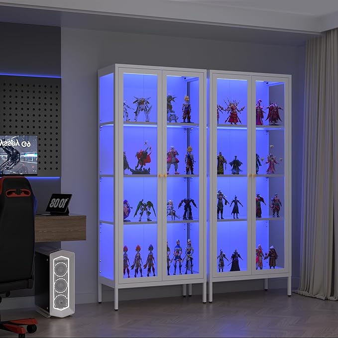 Display Cabinet with 3 Color LED Lights and Tempered Glass, 66 Inch Tall Curio Cabinet with 3 Side Glass, White Display Case for Collectibles, Lighted Cabinets for Living Room- Assemble Required