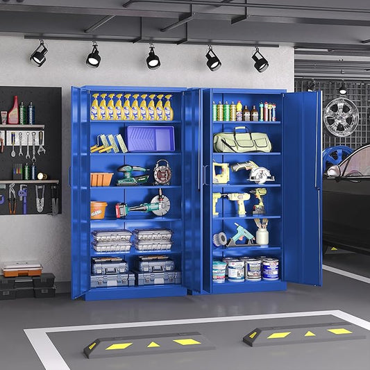 Metal Cabinet with Lock, Tall Storage Cabinet with Door and Adjustable Shelves,Blue Steel Storage Cabinets for Garage,Home Office,Pantry,School,Hospital