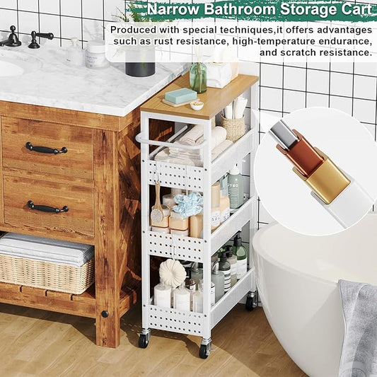 Utility Slim Storage Cart, 4-Tier Narrow Bathroom Organizers and Storage Cart, Narrow Metal Kitchen Laundry Room Organization Shelf with Wood Top, Slim Rolling Carts with Wheels for Small Space