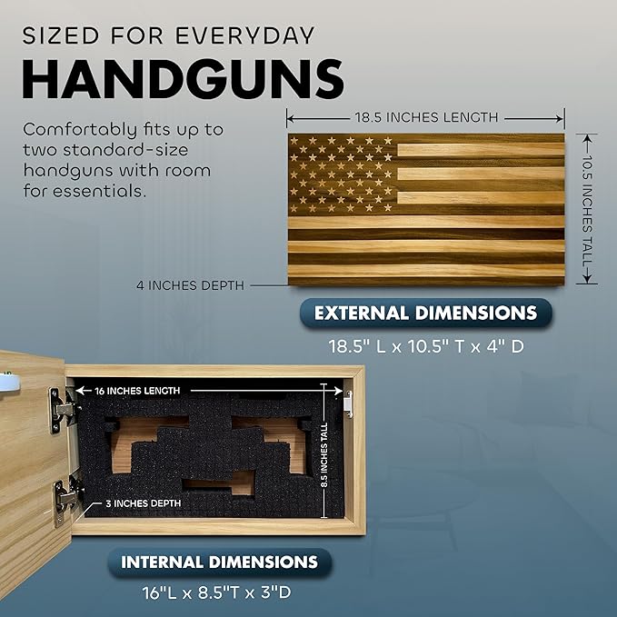 American Flag Hidden Gun Safe - Quick Access Hidden Gun Shelf - Concealment Shelf with Magnetic Lock - Wall Gun Safe for Secure Firearm Storage - Handcrafted In USA by Bellewood Designs (Natural)