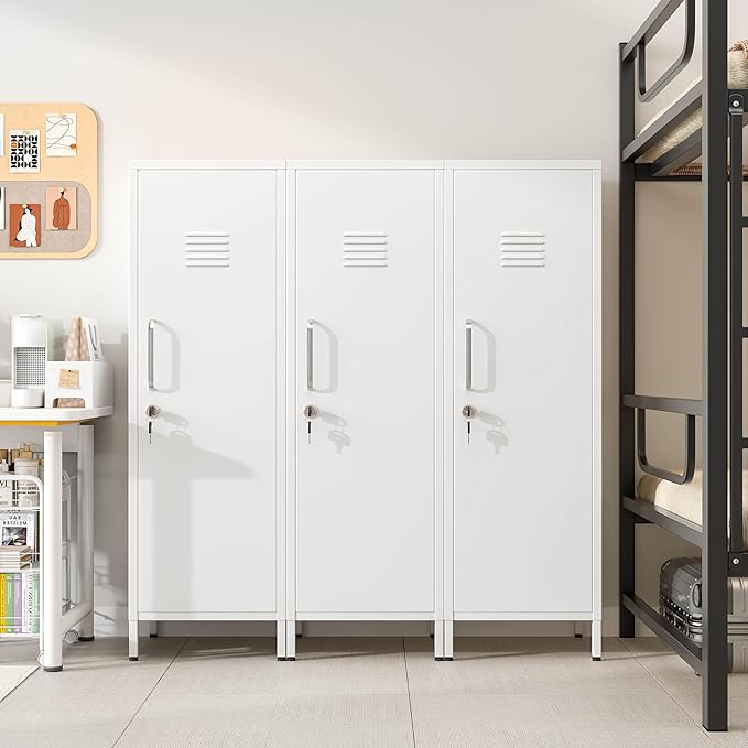 47" Metal Storage Locker, Lockable Employees Metal Locker with Door and Adjustable Shelves, Steel Locker for Home, School, Office, Gym (White)