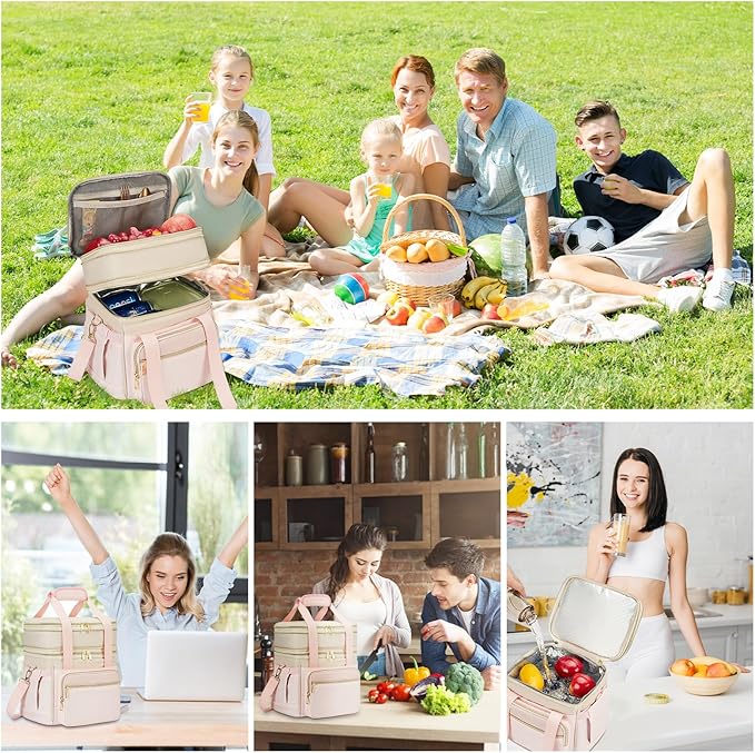 Insulated Lunch Bag & Lunch Box for Women - Double Deck Reusable Lunch Bag for men Tote Cooler Bag Leakproof Soft Expandable - Large Lunchbox for Work/Adult/Picnic/Outdoor (Pink,15L)