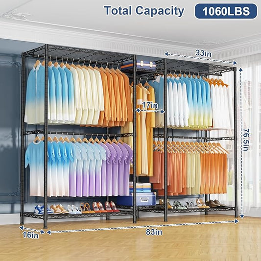 Ulif E12 Max Clothes Rack,Heavy Duty Freestanding Garment Rack with Shelves,Metal Clothing Closet Storage System for Hanging Clothes,83" W x 16" D x 76.5" H, Hold 1060 lbs,Black