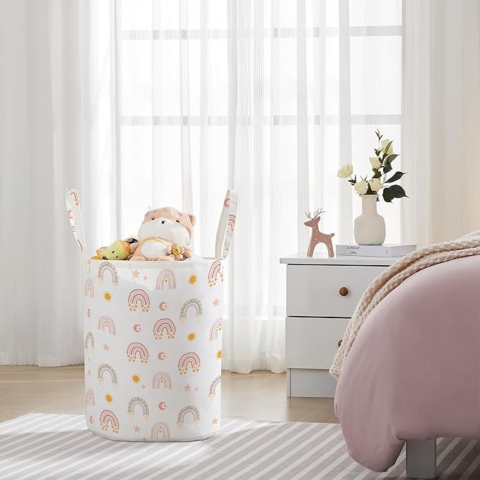 TECHMILLY Large Storage Basket for Girls and Boys, Collapsible Laundry Hamper with Long Handles, Toy Bins for Nursery, Kids Room Décor (Rainbow)