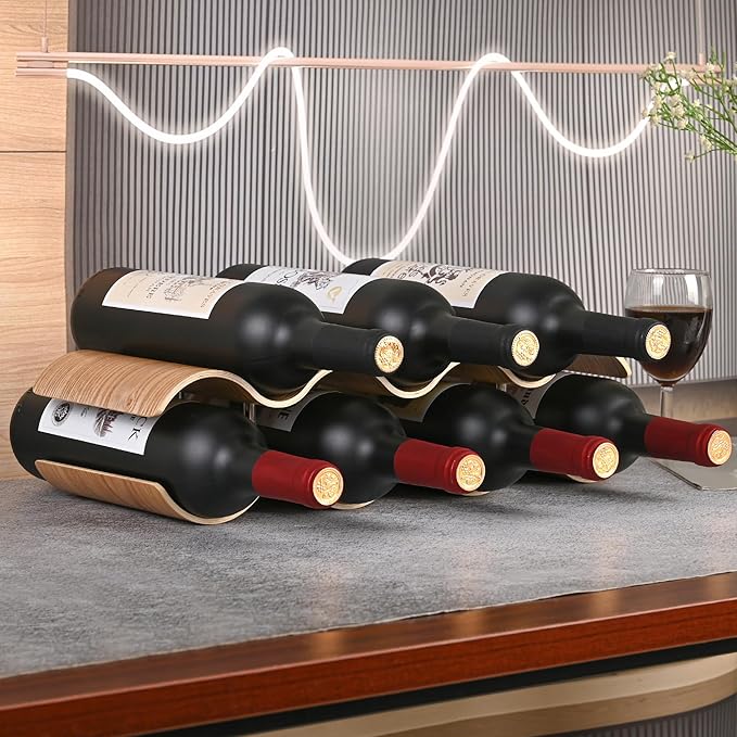 Countertop Wine Rack - 7 Bottle Freestanding Wine Bottle Holder Stand - 2 Tier Wooden Wine Storage Rack - Wavy Wine Organizer for Cabinet Pantry Home Kitchen Bar