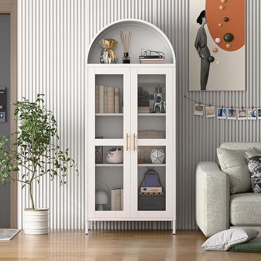 72.83" H Metal Arch Display Bookcase Cabinet, with Glass Doors and 2 Adjustable Shelves, Kitchen Pantry Cabinet for Home, Office,Assembly Required, White
