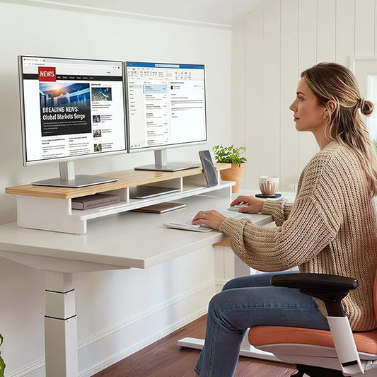 Monitor Stand Dual Monitor Stand Riser for Desk,Wood Desk Shelf Storage Organizer with Phone Tablet Holder (42.5 Inch, White & Natural Bamboo)