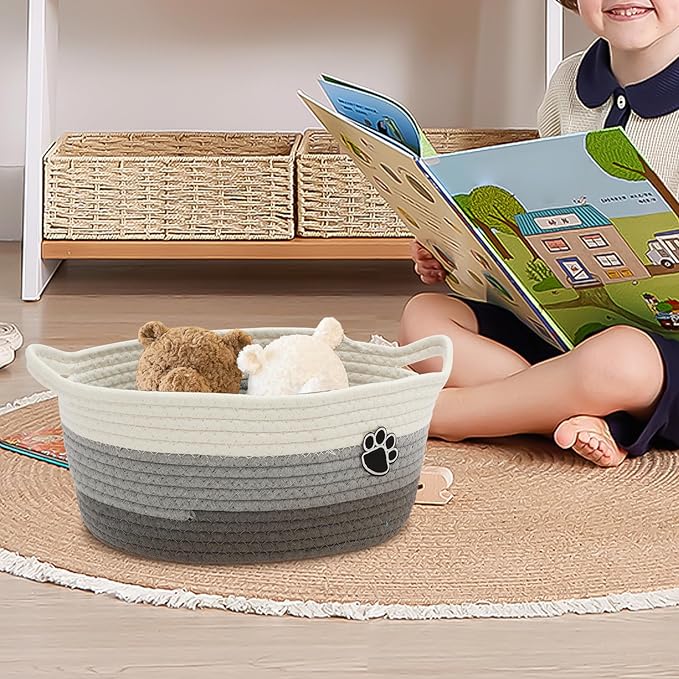 Woven Toy Storage Basket Bin Dog Toy Basket Foldable Cotton Rope Box Multipurpose Woven Case Portable Diaper Organizer Box for Toys Living Room Bathroom (Grey White)