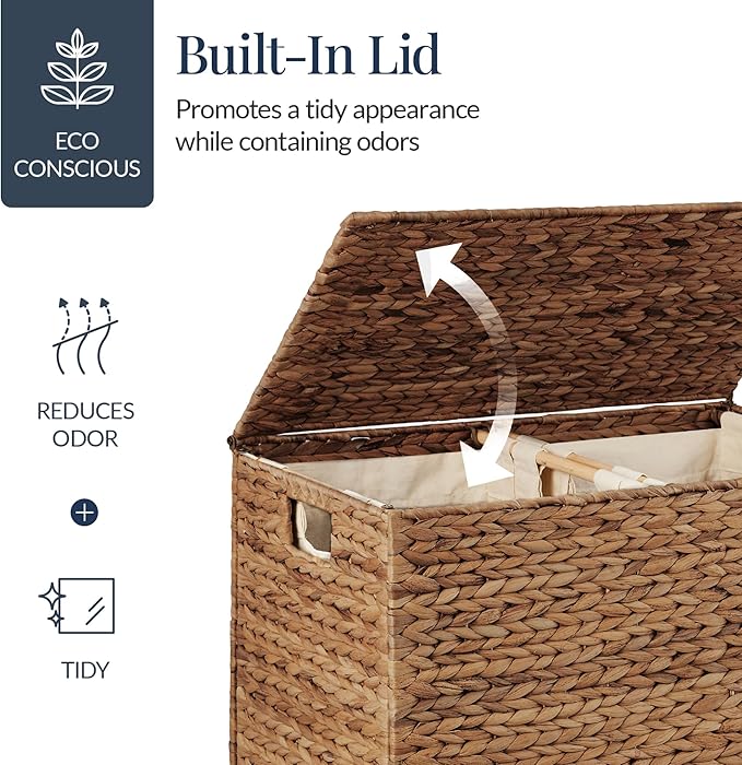 Best Choice Products Large Double Laundry Hamper with Lid, Natural Handwoven Water Hyacinth, 2 Sections w/ 2 Machine Washable Linen Liner Bags, Portable, Handles - Chestnut
