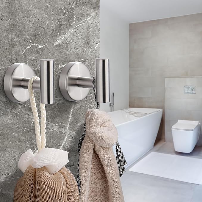 Towel Hook for Bathroom,Screw Mount Heavy Duty Wall Hooks, Stainless Steel Coat Robe Clothes Hook for Bathroom Kitchen Garage Hotel, 2 Packs Wall Mount Towel Holder, Brushed Silver
