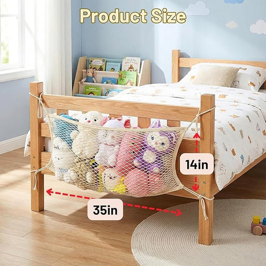 Stuffed Animal Storage Net for Kids, Bedside Toy Organizer Net - Neatly Store Your Stuffed Animals, Cotton Bedside Stuffed Animal Storage Net with Tether, Stretches up to 35 Inches, Beige