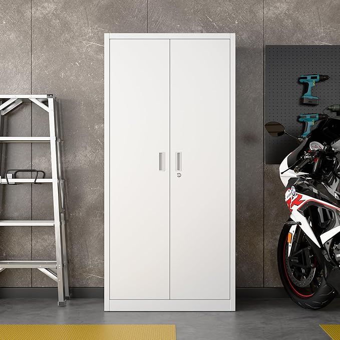 Metal Storage Cabinet with 5 Adjustable Shelves and Pegboard, 71" H White Garage Storage Cabinet with Doors, Metal File Cabinet for Garage,Home, Office, White, Assembly Required