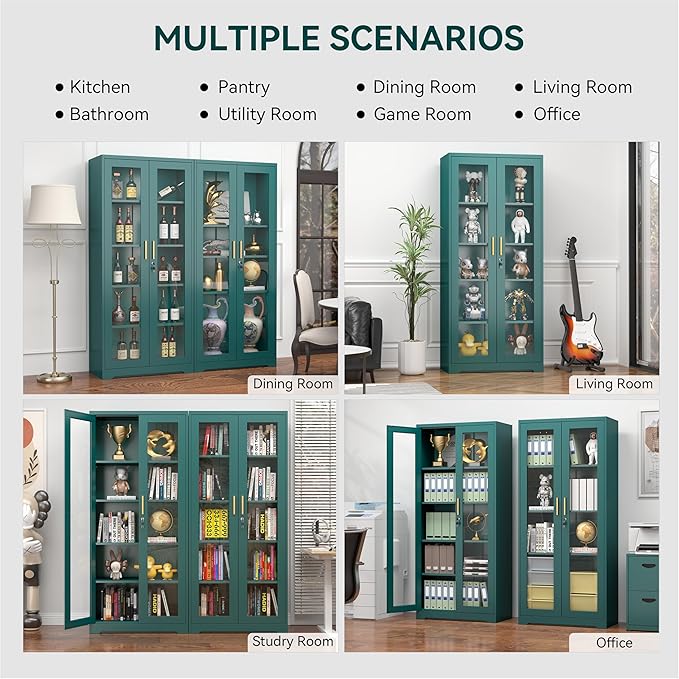 Curio Cabinets with Glass Doors, 71" Glass Display Cabinet with Lock, Tall Bookcase with Adjustable Shelves, Locking China Cabinet for Living Room, School, Commercial, Office, Plant, Green